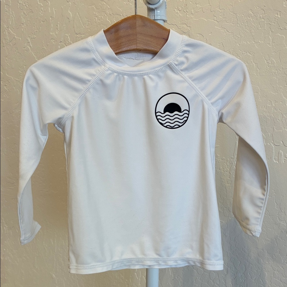 Kids White Long-Sleeve Swim Rashguard with Wave Emblem
